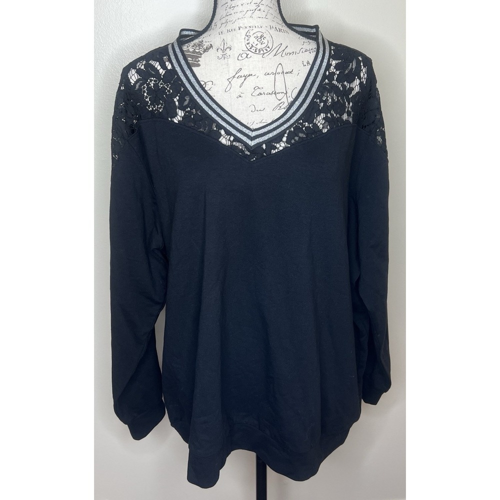 La Bellum Hilary Scott 3X Navy Blue Long Sleeve V-neck Top Lace Trim Stretch New